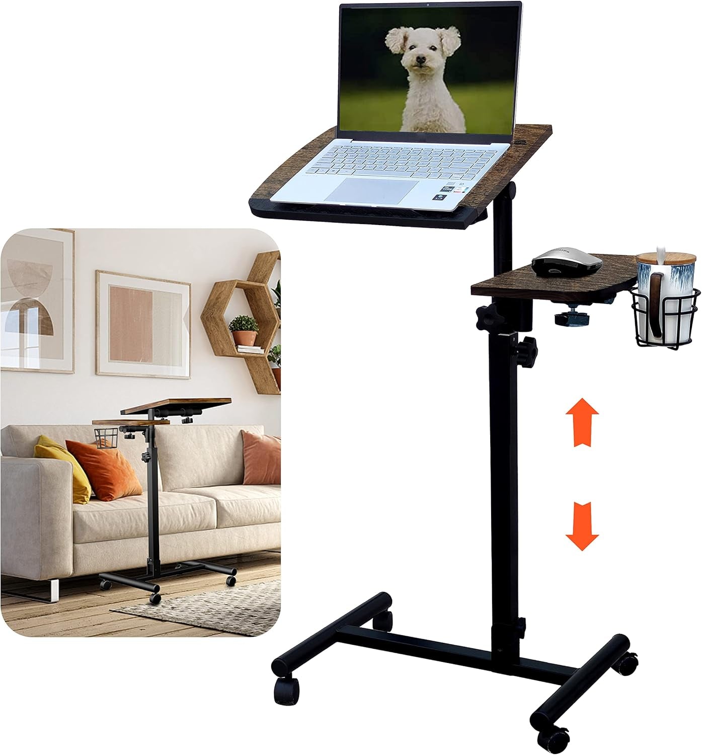 Rolling Computer Desk，  Mobile Portable Laptop Desk，Rolling Computer Cart， Laptop Cart on Wheels Adjustable Height 32"-42" Computer Stand，Small Table Laptop Stand for Couch& Bed Brown