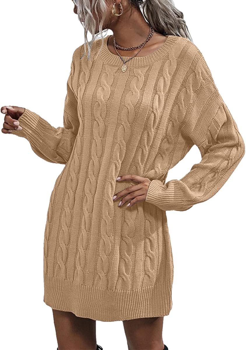Womens Sweater Dress Crewneck Long Sleeve Cable Knitted Dress Casual Loose Knit Mini Dress Khaki