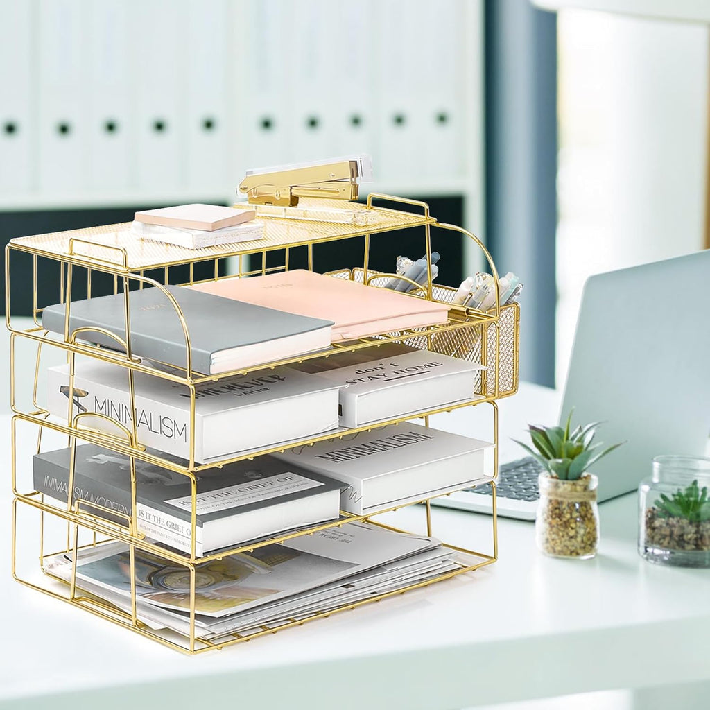 TNELTUEB Gold Paper Organizer for Desk with Pen Holder, 4 Tier Desk Organizers for Home and Office Stackable Letter Tray(Gold)