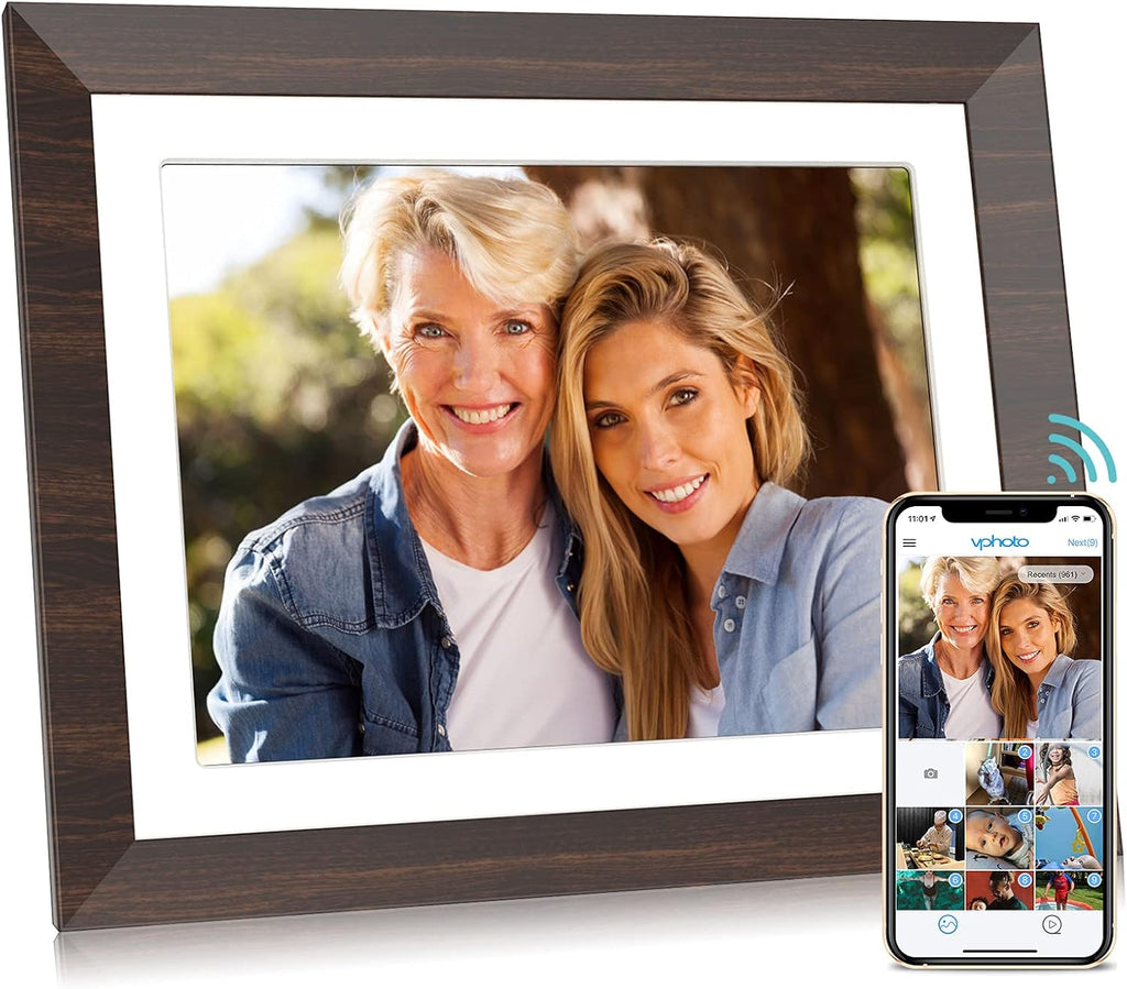 2K Digital Picture Frame,11 Inch Wifi Smart Electronic Photo Frame with Touch Screen,Box Speaker,Motion Sensor,One Minute Setup Share Video Clip & Photo Instantly by App,Email&Usb (Wood Effect)