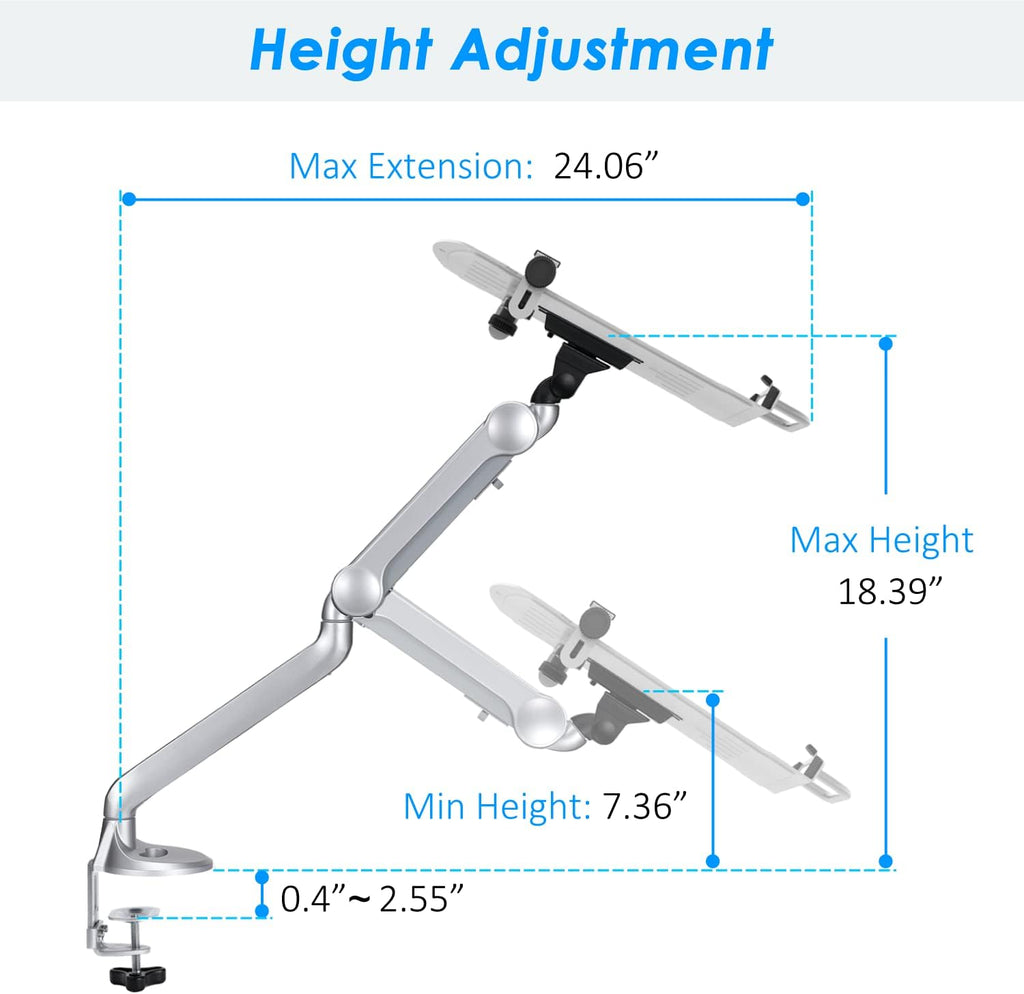 Aluminum 2 in 1 Function Monitor Arm Laptop Mount, Height Adjustable Laptop Desk Mount Stand with Single Gas Spring Arm for 11-15.6 Inch Notebook and up to 32 Inch LCD Computer Screen - Silver