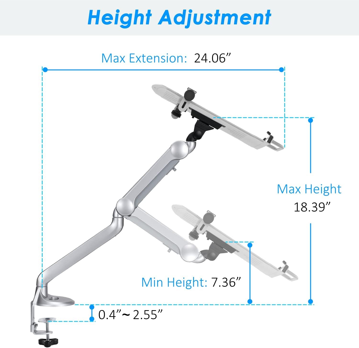 Aluminum 2 in 1 Function Monitor Arm Laptop Mount, Height Adjustable Laptop Desk Mount Stand with Single Gas Spring Arm for 11-15.6 Inch Notebook and up to 32 Inch LCD Computer Screen - Silver