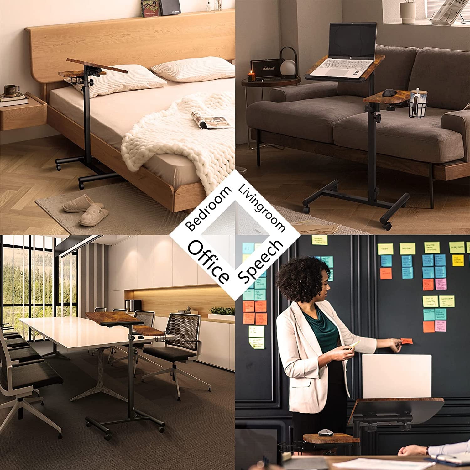 Rolling Computer Desk，  Mobile Portable Laptop Desk，Rolling Computer Cart， Laptop Cart on Wheels Adjustable Height 32"-42" Computer Stand，Small Table Laptop Stand for Couch& Bed Brown