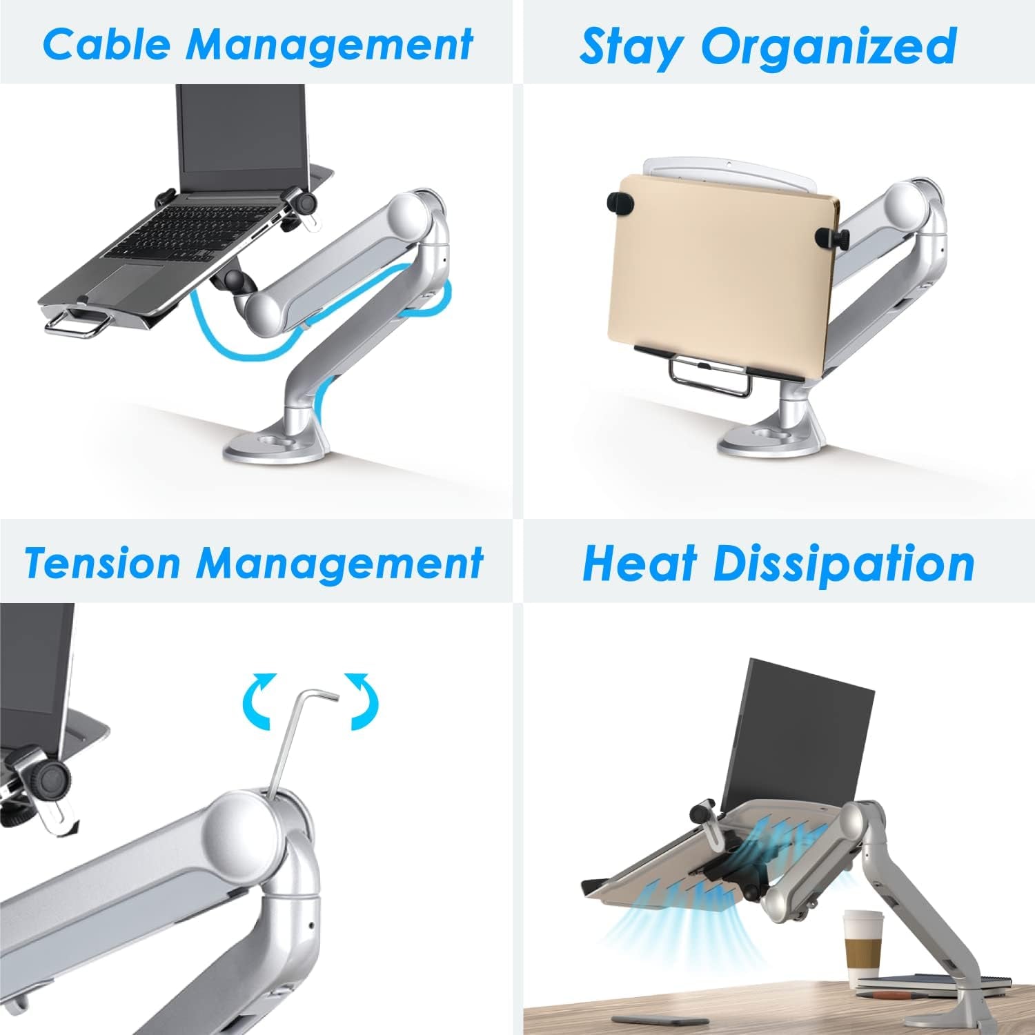 Aluminum 2 in 1 Function Monitor Arm Laptop Mount, Height Adjustable Laptop Desk Mount Stand with Single Gas Spring Arm for 11-15.6 Inch Notebook and up to 32 Inch LCD Computer Screen - Silver