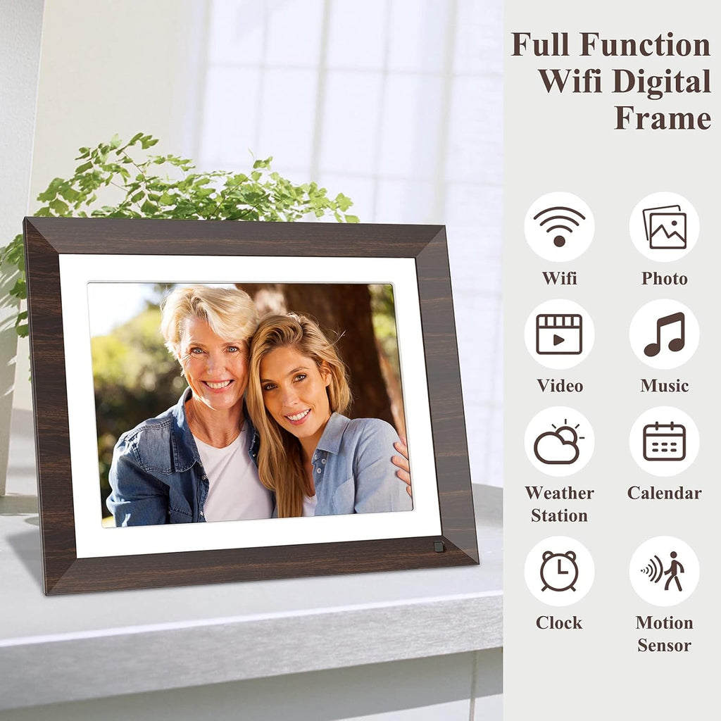 2K Digital Picture Frame,11 Inch Wifi Smart Electronic Photo Frame with Touch Screen,Box Speaker,Motion Sensor,One Minute Setup Share Video Clip & Photo Instantly by App,Email&Usb (Wood Effect)