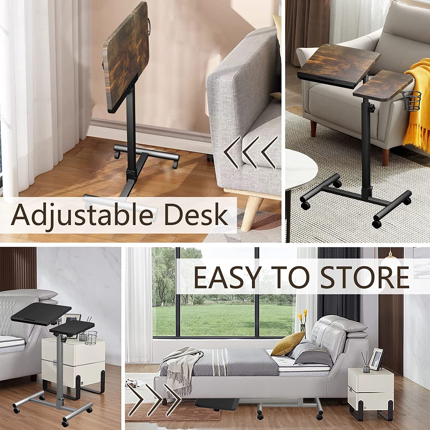 Rolling Computer Desk，  Mobile Portable Laptop Desk，Rolling Computer Cart， Laptop Cart on Wheels Adjustable Height 32"-42" Computer Stand，Small Table Laptop Stand for Couch& Bed Brown