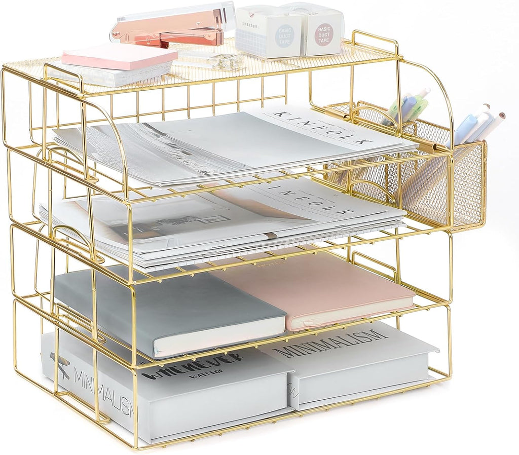 TNELTUEB Gold Paper Organizer for Desk with Pen Holder, 4 Tier Desk Organizers for Home and Office Stackable Letter Tray(Gold)
