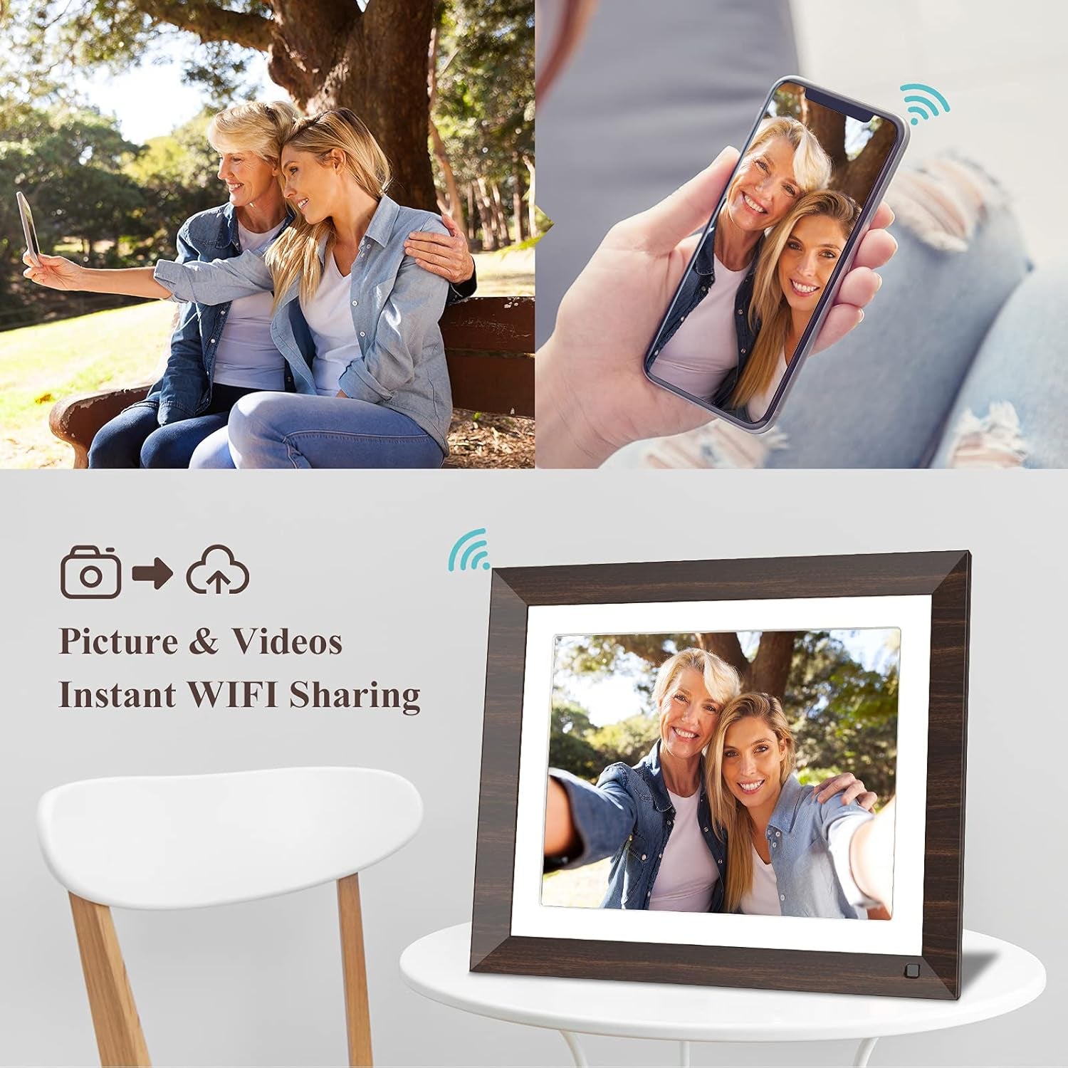 2K Digital Picture Frame,11 Inch Wifi Smart Electronic Photo Frame with Touch Screen,Box Speaker,Motion Sensor,One Minute Setup Share Video Clip & Photo Instantly by App,Email&Usb (Wood Effect)