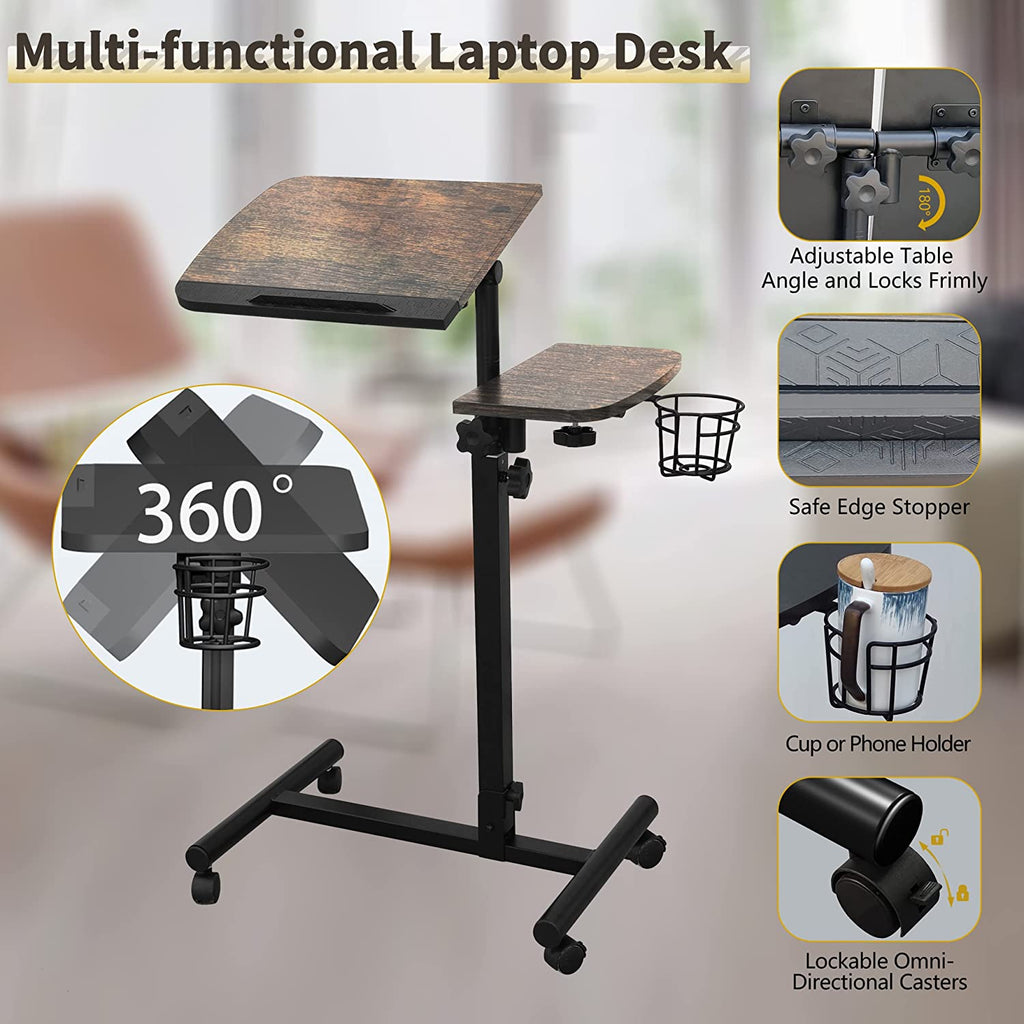 Rolling Computer Desk，  Mobile Portable Laptop Desk，Rolling Computer Cart， Laptop Cart on Wheels Adjustable Height 32"-42" Computer Stand，Small Table Laptop Stand for Couch& Bed Brown