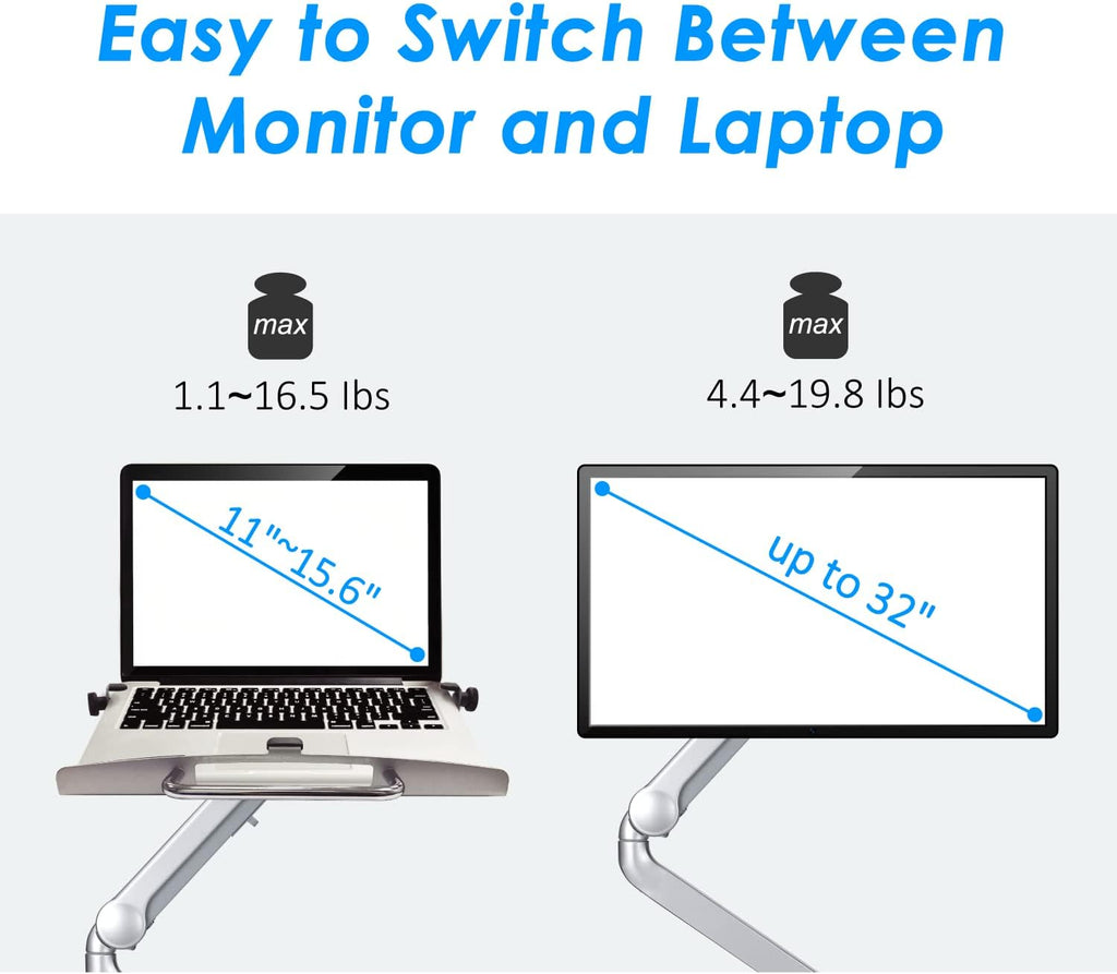 Aluminum 2 in 1 Function Monitor Arm Laptop Mount, Height Adjustable Laptop Desk Mount Stand with Single Gas Spring Arm for 11-15.6 Inch Notebook and up to 32 Inch LCD Computer Screen - Silver
