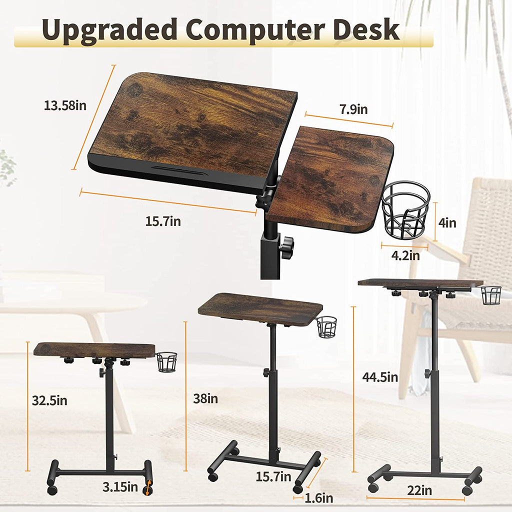 Rolling Computer Desk，  Mobile Portable Laptop Desk，Rolling Computer Cart， Laptop Cart on Wheels Adjustable Height 32"-42" Computer Stand，Small Table Laptop Stand for Couch& Bed Brown