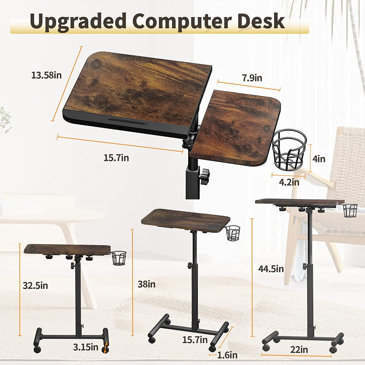 Rolling Computer Desk，  Mobile Portable Laptop Desk，Rolling Computer Cart， Laptop Cart on Wheels Adjustable Height 32"-42" Computer Stand，Small Table Laptop Stand for Couch& Bed Brown