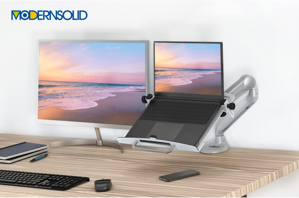 Aluminum 2 in 1 Function Monitor Arm Laptop Mount, Height Adjustable Laptop Desk Mount Stand with Single Gas Spring Arm for 11-15.6 Inch Notebook and up to 32 Inch LCD Computer Screen - Silver