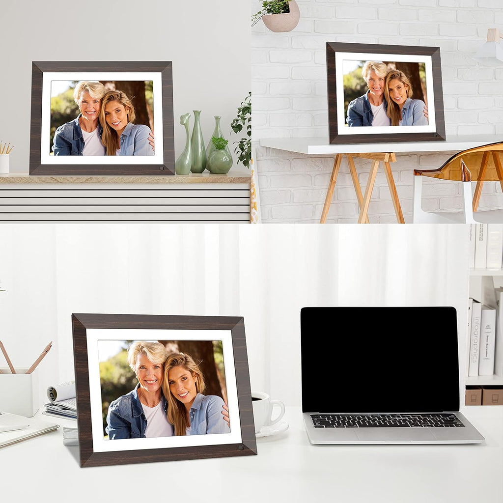 2K Digital Picture Frame,11 Inch Wifi Smart Electronic Photo Frame with Touch Screen,Box Speaker,Motion Sensor,One Minute Setup Share Video Clip & Photo Instantly by App,Email&Usb (Wood Effect)