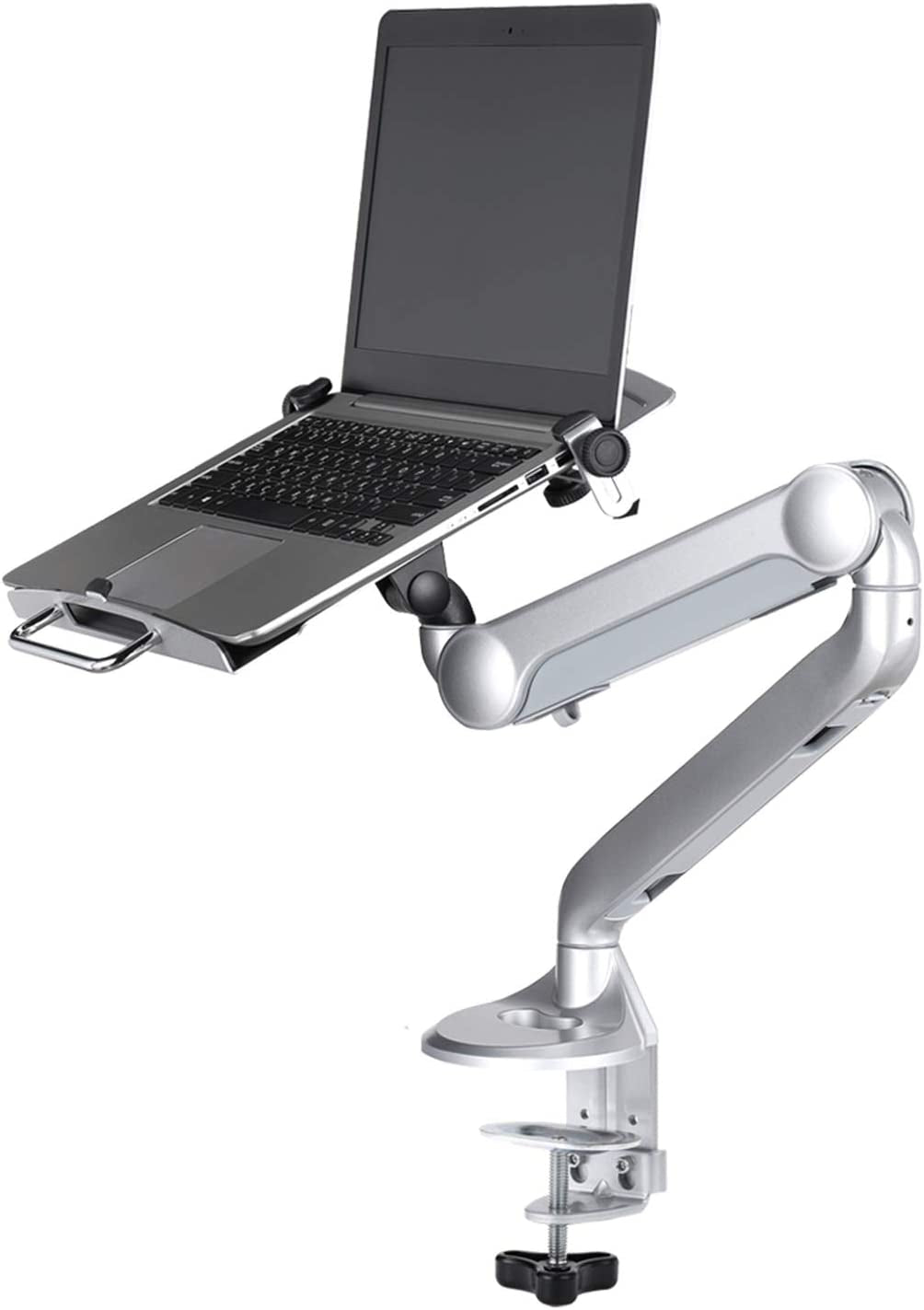 Aluminum 2 in 1 Function Monitor Arm Laptop Mount, Height Adjustable Laptop Desk Mount Stand with Single Gas Spring Arm for 11-15.6 Inch Notebook and up to 32 Inch LCD Computer Screen - Silver