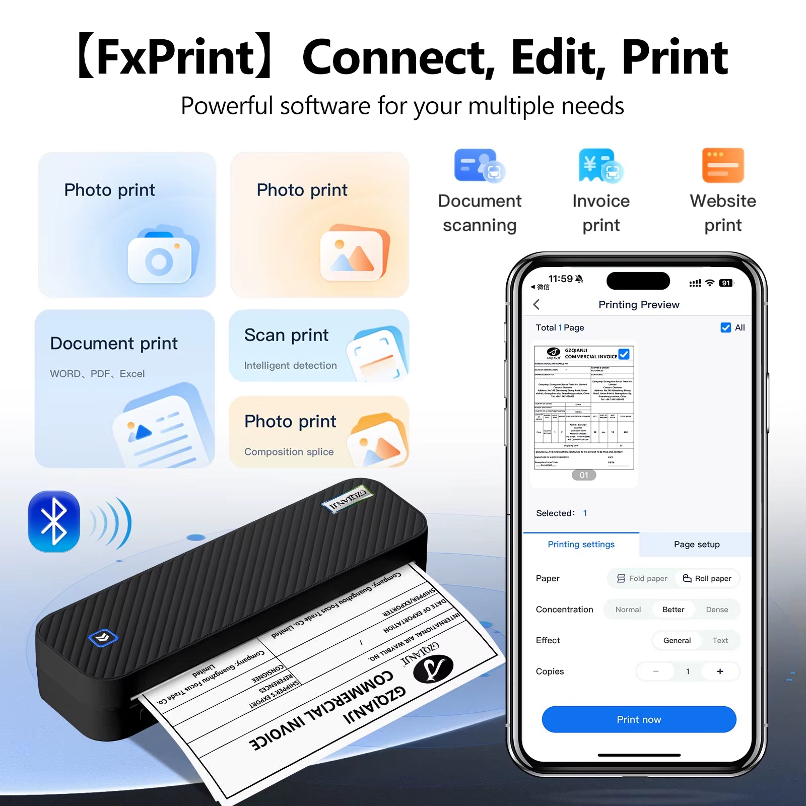 Inkless Portable A4 Thermal Printer Bluetooth PDF Excel Word Document Printing Machine Paper Roll for Office Work Home School