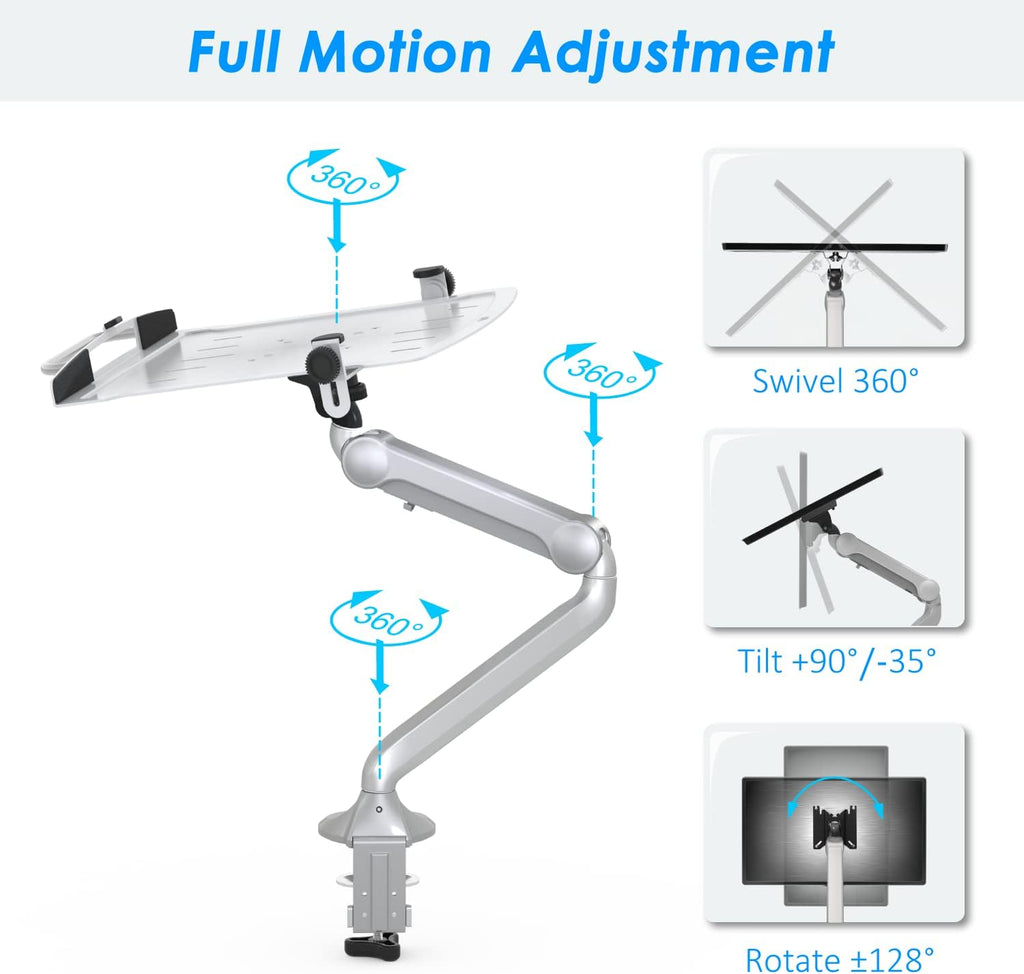 Aluminum 2 in 1 Function Monitor Arm Laptop Mount, Height Adjustable Laptop Desk Mount Stand with Single Gas Spring Arm for 11-15.6 Inch Notebook and up to 32 Inch LCD Computer Screen - Silver